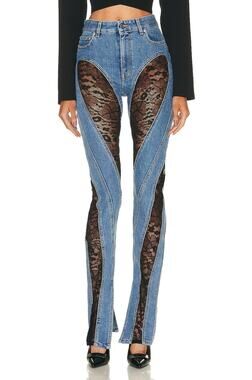 Mugler Paneled Blue Spiral Lace Skinny Denim Jeans Size 36 EU / US S NWT